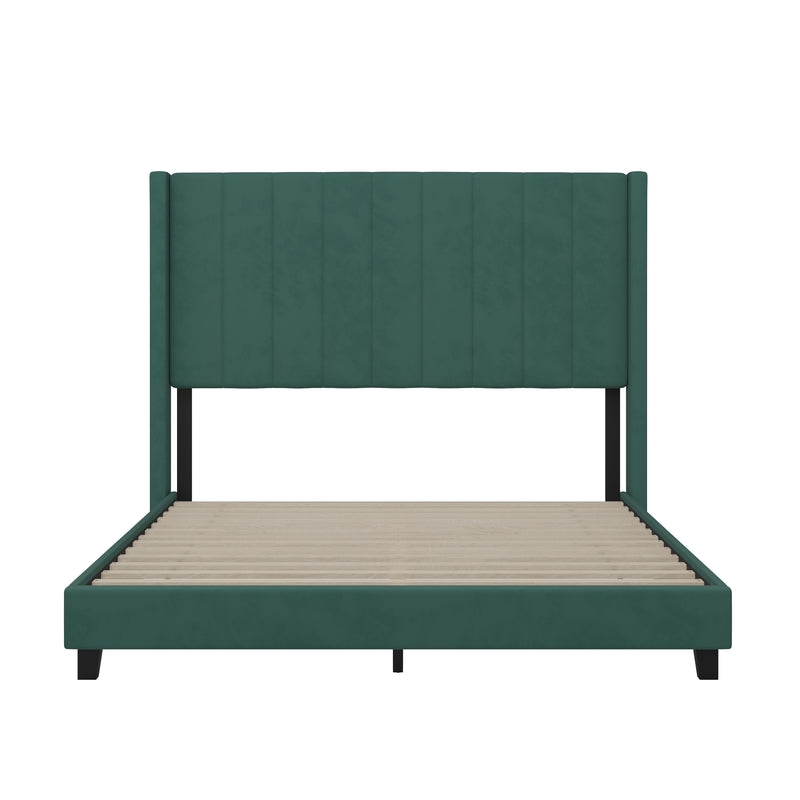 Soren Emerald Velvet Upholstered Platform Bed Frame with Wingback Headboard and Slatted Mattress Foundation