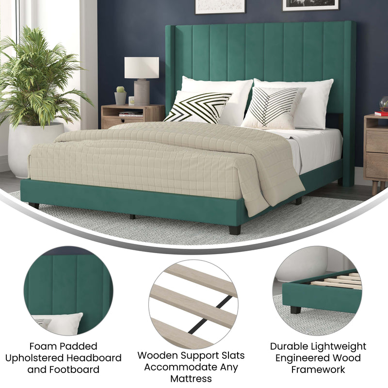 Soren Emerald Velvet Upholstered Platform Bed Frame with Wingback Headboard and Slatted Mattress Foundation