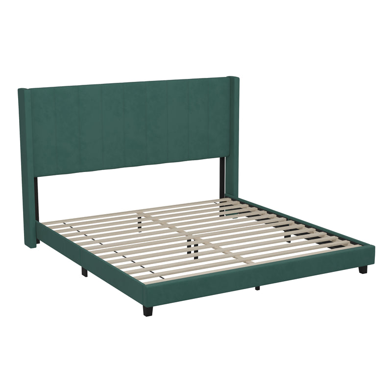 Soren Emerald Velvet Upholstered Platform Bed Frame with Wingback Headboard and Slatted Mattress Foundation