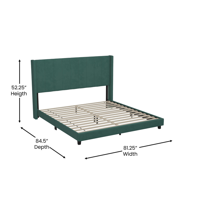 Soren Emerald Velvet Upholstered Platform Bed Frame with Wingback Headboard and Slatted Mattress Foundation