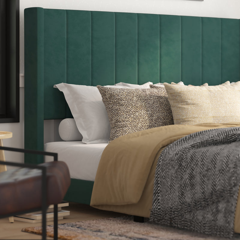 Soren Emerald Velvet Upholstered Platform Bed Frame with Wingback Headboard and Slatted Mattress Foundation