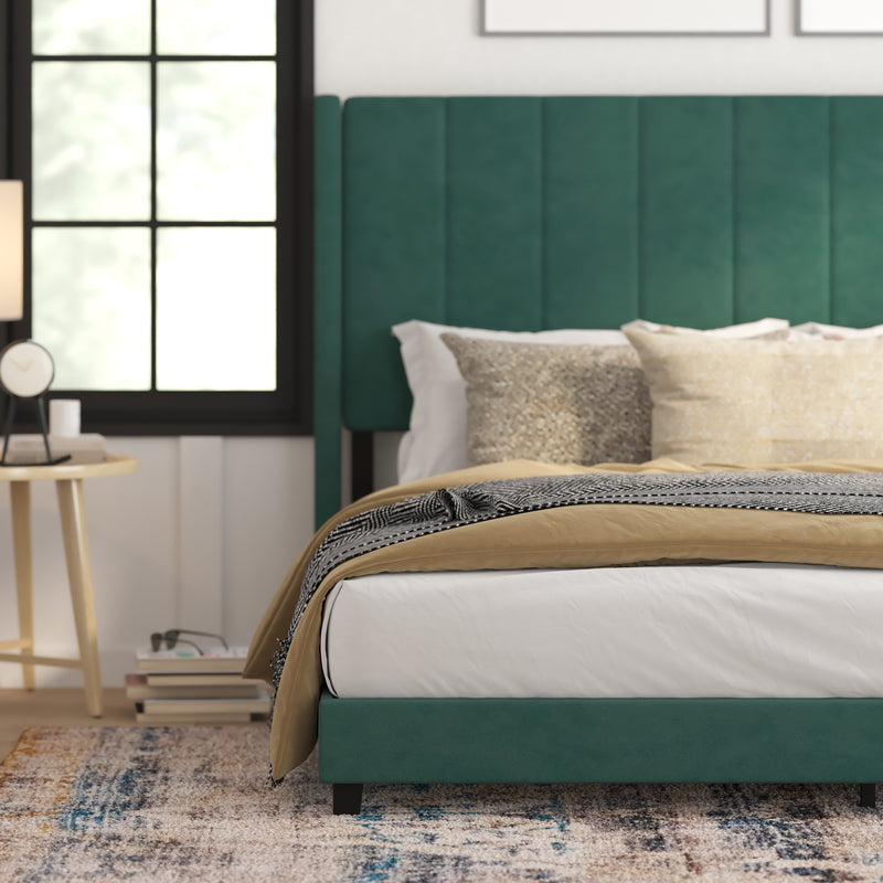 Soren Emerald Velvet Upholstered Platform Bed Frame with Wingback Headboard and Slatted Mattress Foundation