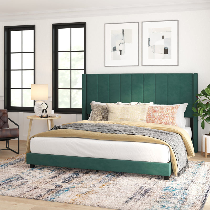 Soren Emerald Velvet Upholstered Platform Bed Frame with Wingback Headboard and Slatted Mattress Foundation