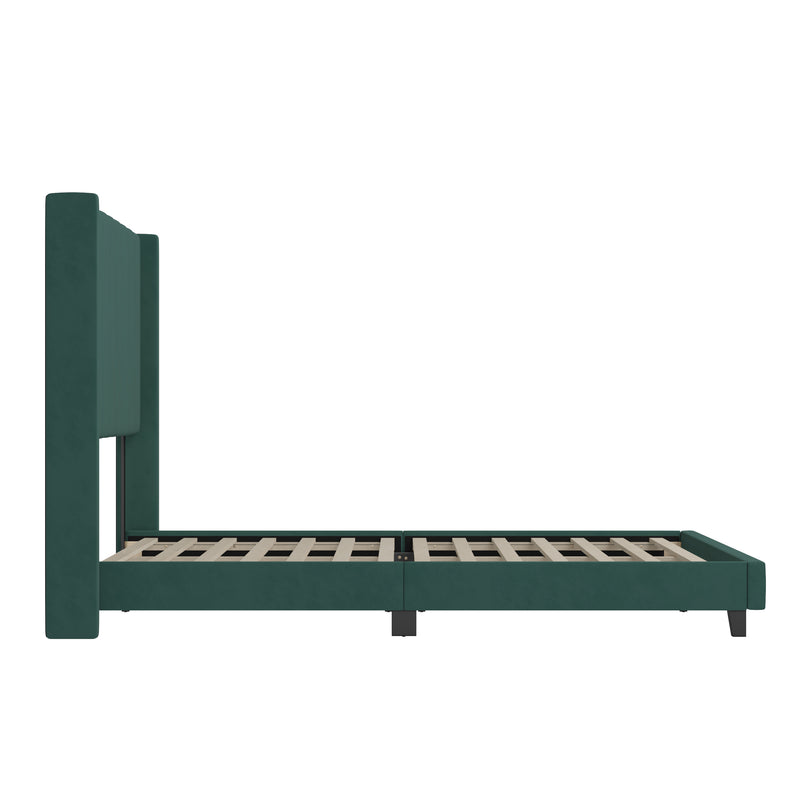 Soren Emerald Velvet Upholstered Platform Bed Frame with Wingback Headboard and Slatted Mattress Foundation