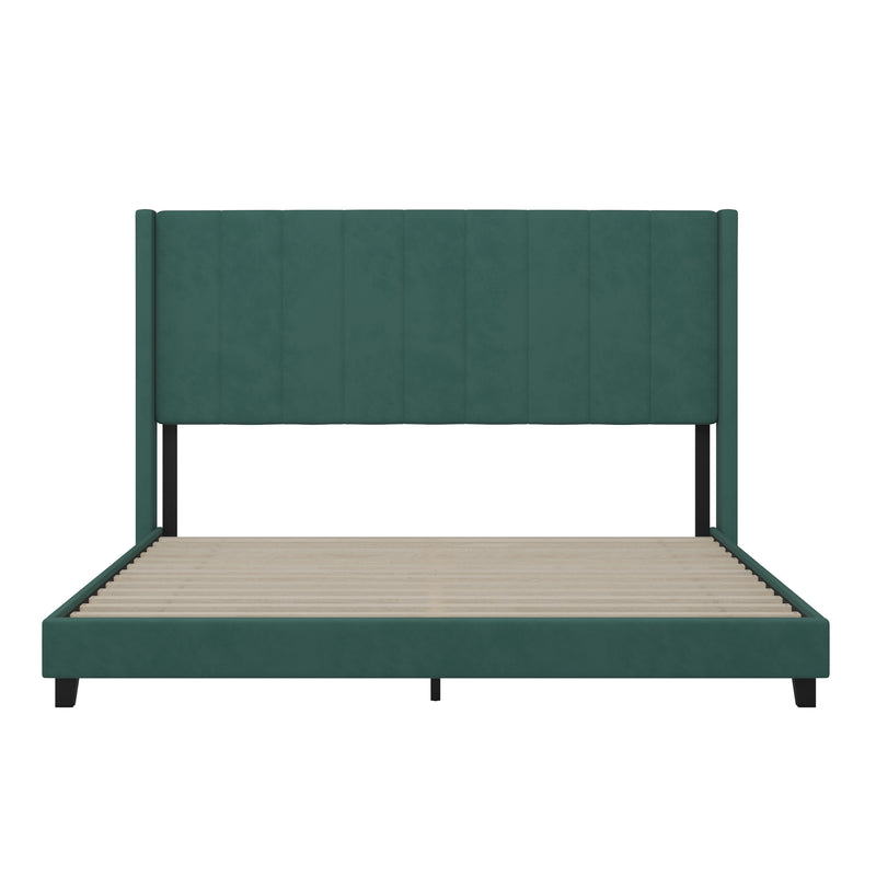 Soren Emerald Velvet Upholstered Platform Bed Frame with Wingback Headboard and Slatted Mattress Foundation