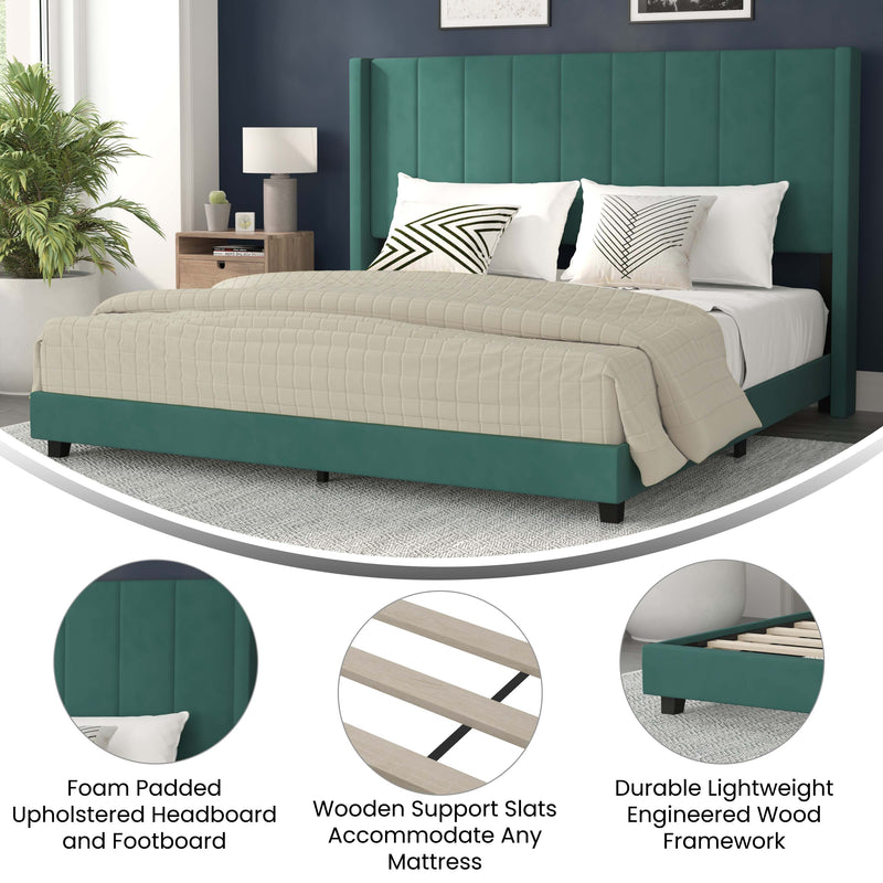 Soren Emerald Velvet Upholstered Platform Bed Frame with Wingback Headboard and Slatted Mattress Foundation