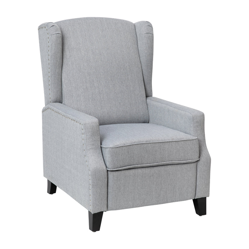 Maxfield Traditional Gray Fabric Upholstered Slim Wingback Recliner with Accent Nail Trim and Push Back Recline