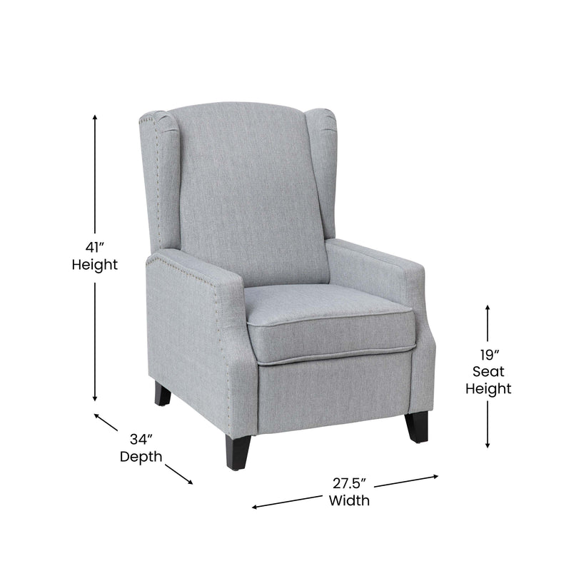 Maxfield Traditional Gray Fabric Upholstered Slim Wingback Recliner with Accent Nail Trim and Push Back Recline