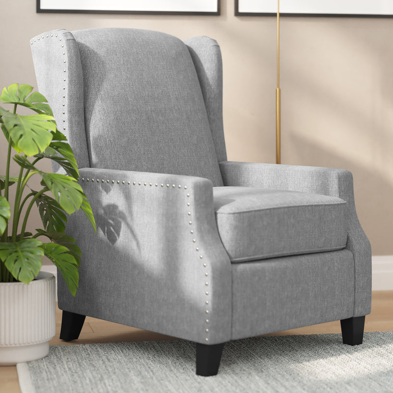 Maxfield Traditional Gray Fabric Upholstered Slim Wingback Recliner with Accent Nail Trim and Push Back Recline