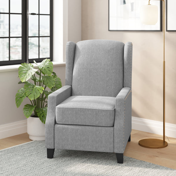 Maxfield Traditional Gray Fabric Upholstered Slim Wingback Recliner with Accent Nail Trim and Push Back Recline