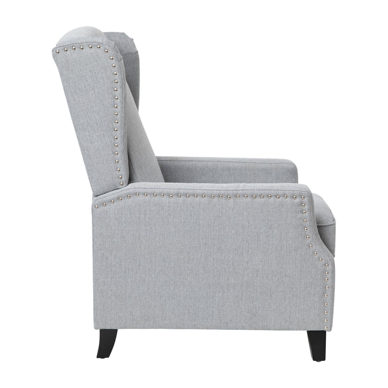 Maxfield Traditional Gray Fabric Upholstered Slim Wingback Recliner with Accent Nail Trim and Push Back Recline