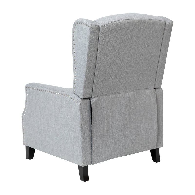 Maxfield Traditional Gray Fabric Upholstered Slim Wingback Recliner with Accent Nail Trim and Push Back Recline