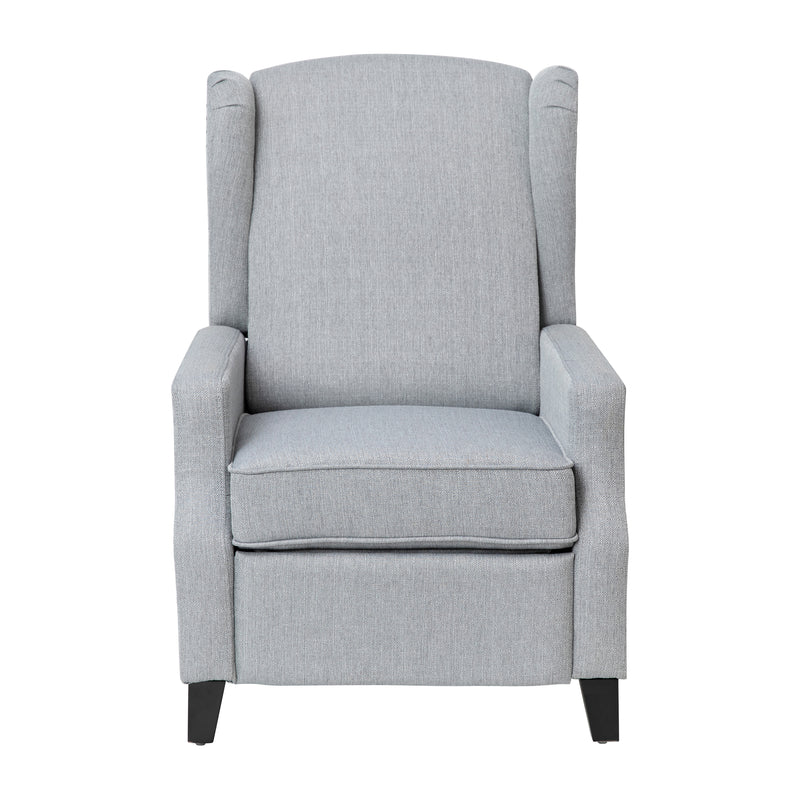 Maxfield Traditional Gray Fabric Upholstered Slim Wingback Recliner with Accent Nail Trim and Push Back Recline