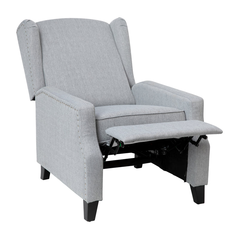 Maxfield Traditional Gray Fabric Upholstered Slim Wingback Recliner with Accent Nail Trim and Push Back Recline