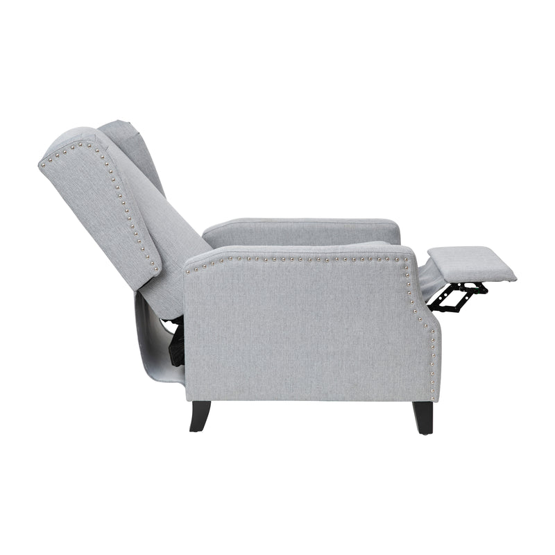 Maxfield Traditional Gray Fabric Upholstered Slim Wingback Recliner with Accent Nail Trim and Push Back Recline