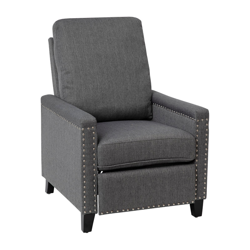 Zev Upholstered Transitional Style Pillow Back Recliner with Accent Nail Trim and Pushback Recline