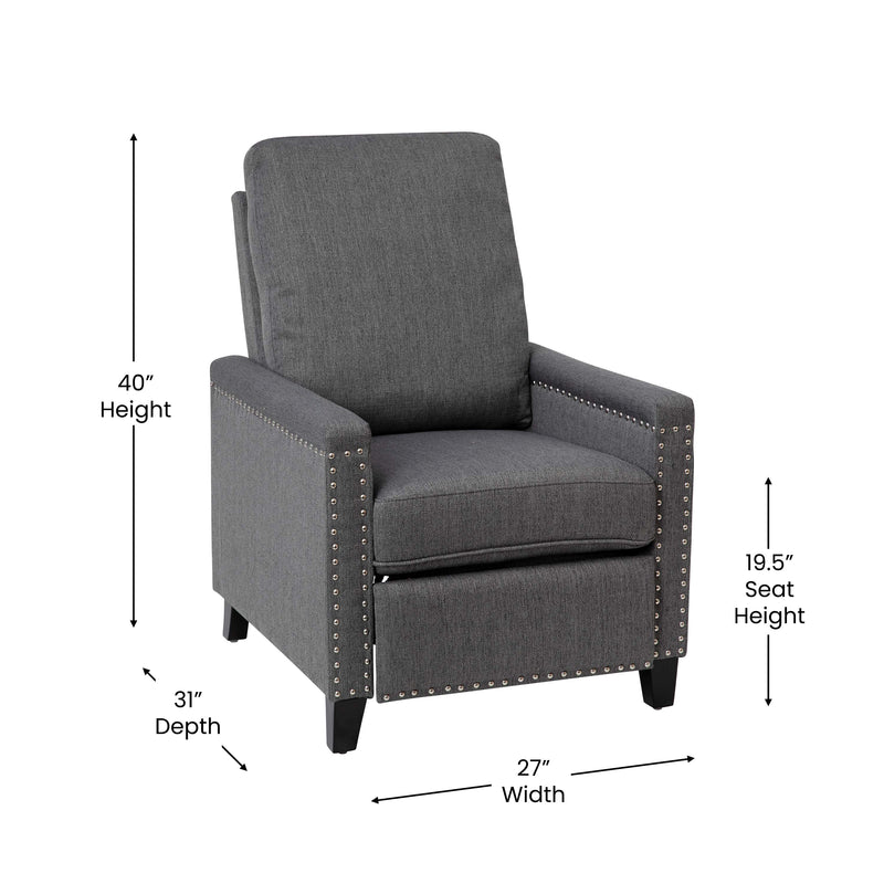 Zev Upholstered Transitional Style Pillow Back Recliner with Accent Nail Trim and Pushback Recline