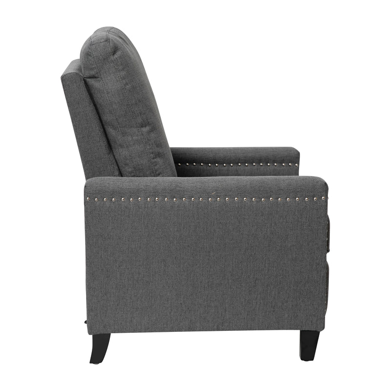 Zev Upholstered Transitional Style Pillow Back Recliner with Accent Nail Trim and Pushback Recline