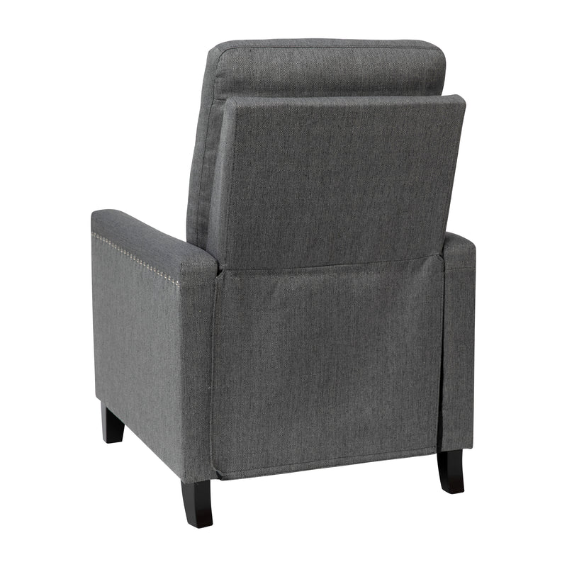 Zev Upholstered Transitional Style Pillow Back Recliner with Accent Nail Trim and Pushback Recline