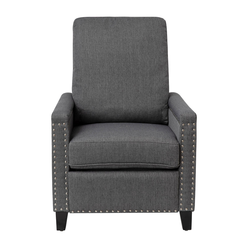 Zev Upholstered Transitional Style Pillow Back Recliner with Accent Nail Trim and Pushback Recline