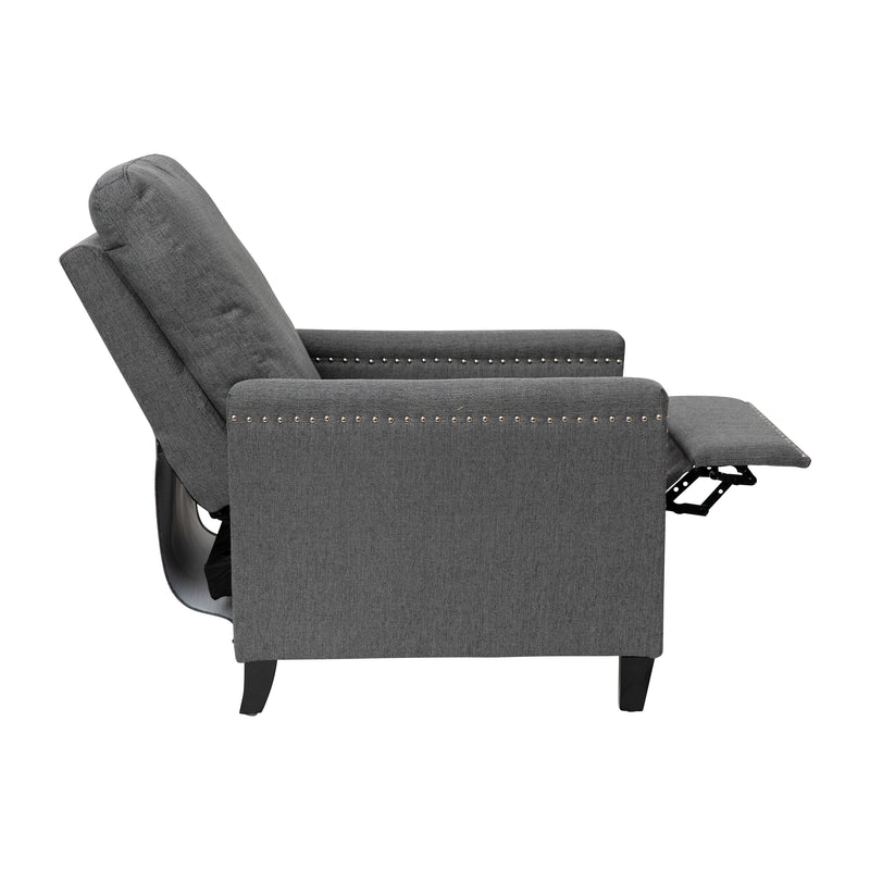 Zev Upholstered Transitional Style Pillow Back Recliner with Accent Nail Trim and Pushback Recline