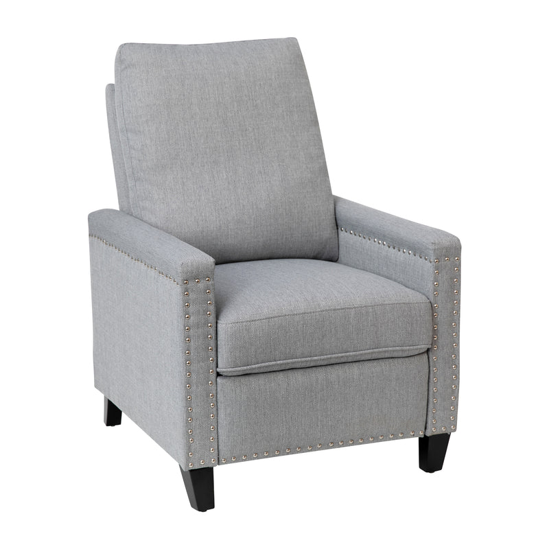 Zev Upholstered Transitional Style Pillow Back Recliner with Accent Nail Trim and Pushback Recline