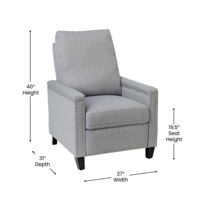 Zev Upholstered Transitional Style Pillow Back Recliner with Accent Nail Trim and Pushback Recline