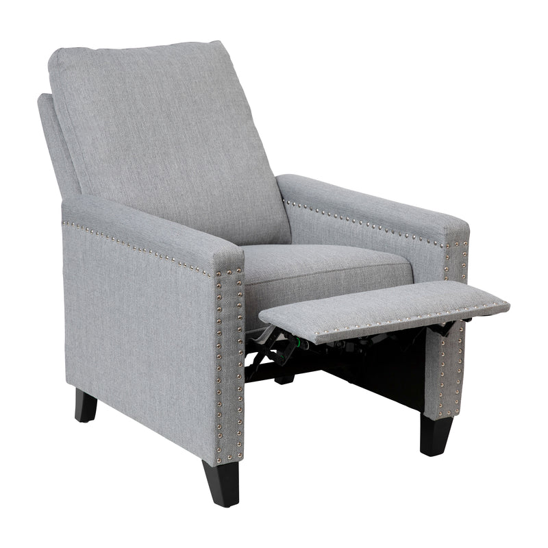 Zev Upholstered Transitional Style Pillow Back Recliner with Accent Nail Trim and Pushback Recline