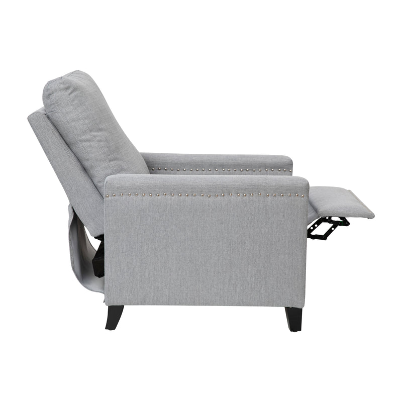 Zev Upholstered Transitional Style Pillow Back Recliner with Accent Nail Trim and Pushback Recline