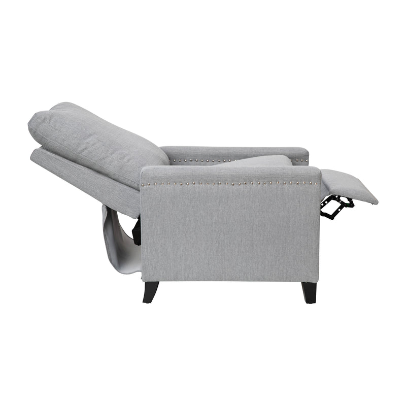 Zev Upholstered Transitional Style Pillow Back Recliner with Accent Nail Trim and Pushback Recline