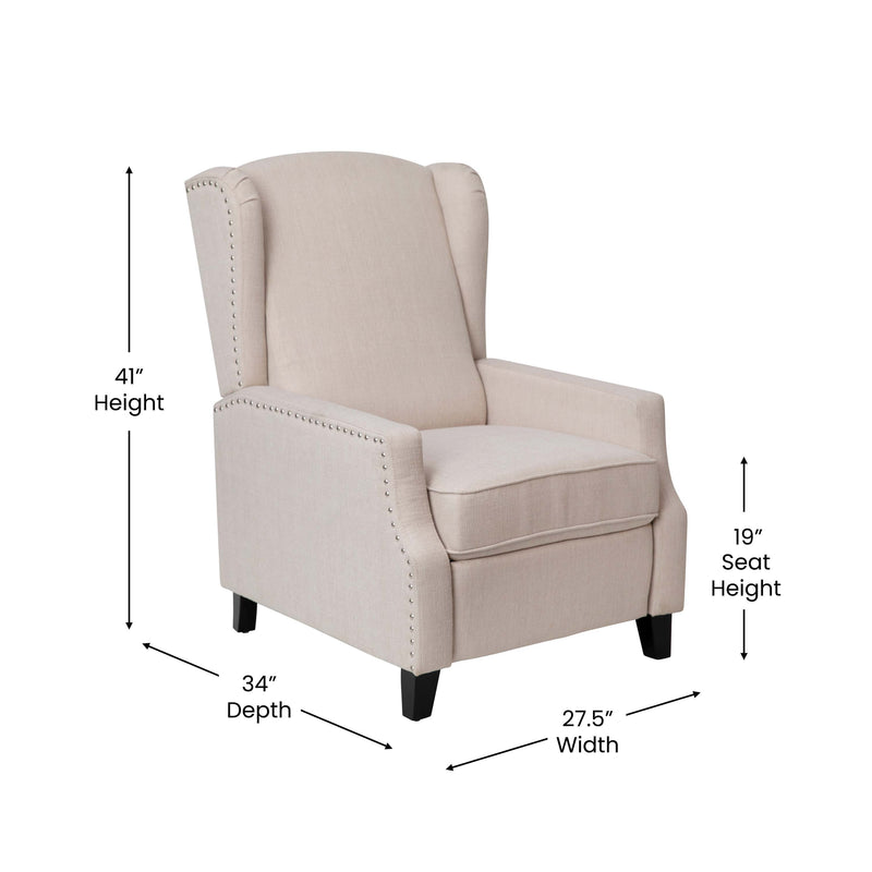 Maxfield Traditional Upholstered Slim Wingback Recliner with Accent Nail Trim and Push Back Recline