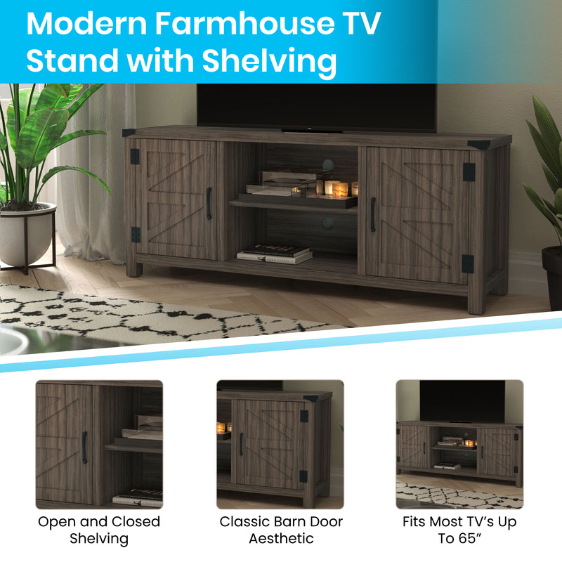 Carlin 59" Modern Farmhouse Barn Door Media Console with Adjustable Shelving