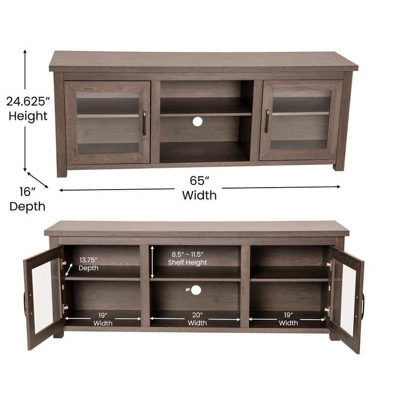 Morgen 65" Wooden Media Console with Full Pane Glass Doors and Shelving