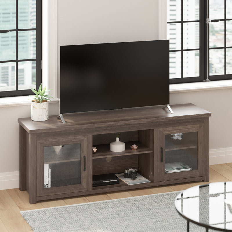 Morgen 65" Wooden Media Console with Full Pane Glass Doors and Shelving