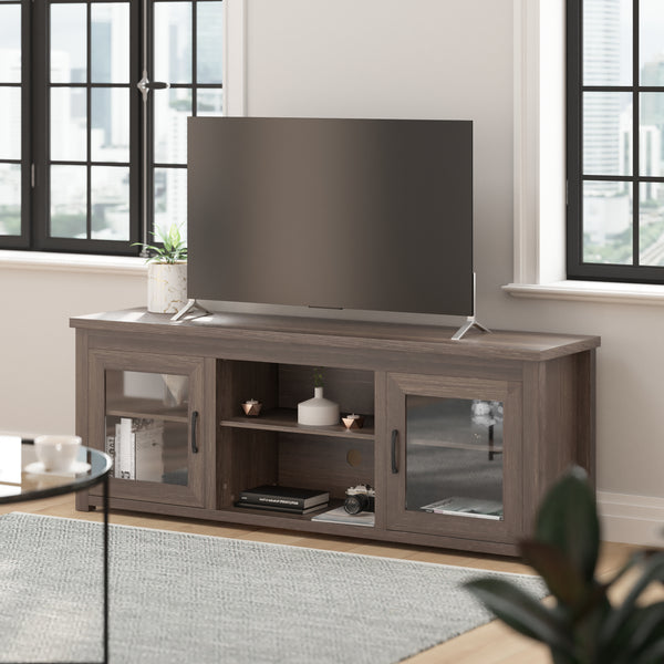 Morgen 65" Wooden Media Console with Full Pane Glass Doors and Shelving