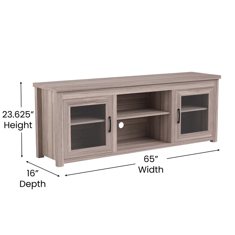 Morgen 65" Wooden Media Console with Full Pane Glass Doors and Shelving