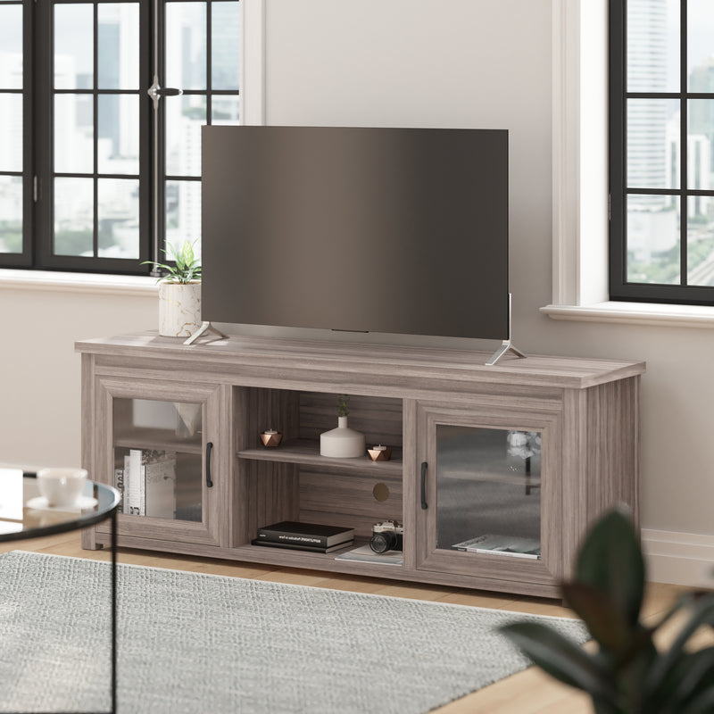 Morgen 65" Wooden Media Console with Full Pane Glass Doors and Shelving