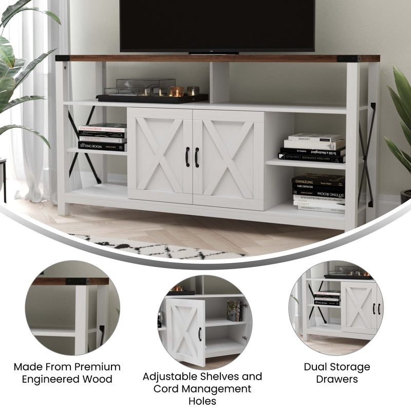 Brayden 60" Modern Farmhouse Media Console with Storage Cabinets and Shelving