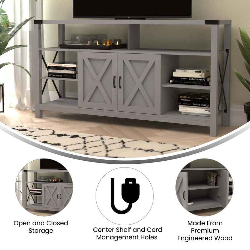 Brayden 60" Modern Farmhouse Media Console with Storage Cabinets and Shelving