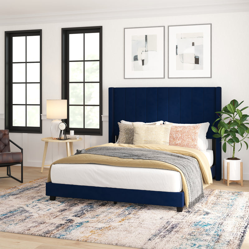 Soren Navy Velvet Upholstered Platform Bed Frame with Wingback Headboard and Slatted Mattress Foundation